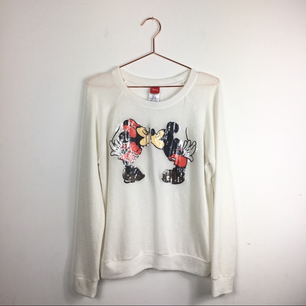 Disney Cream Crewneck Sweater with Sequin Minnie & Mickey Kiss